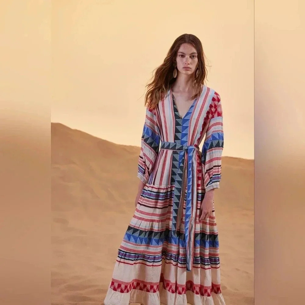 Devotion twins Ariana Maxi Dress Tiered Long Sleeve V Neck Bohemian NWT